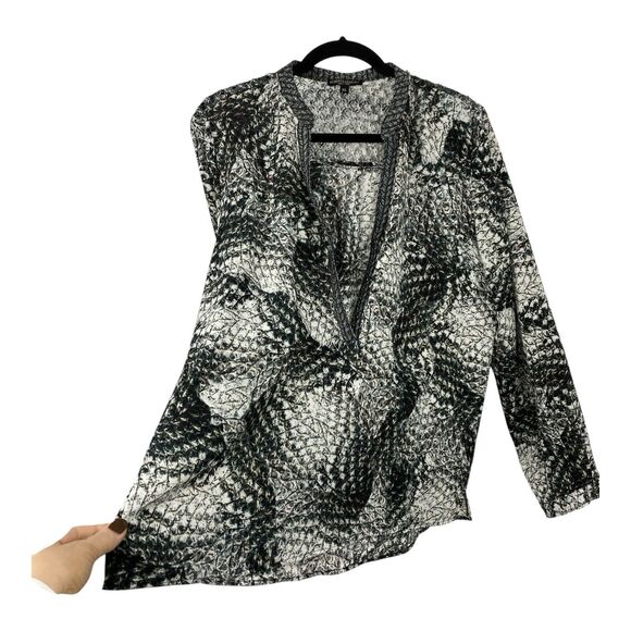 Alberto Makali roll tab Tunic top size XL Crochet Back black Gray Pattern Chiffo - Picture 11 of 12